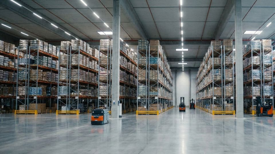 Galpão logístico e industrial limpo e organizado após controle de pragas com laudo técnico para auditoria e ANVISA em São Paulo.