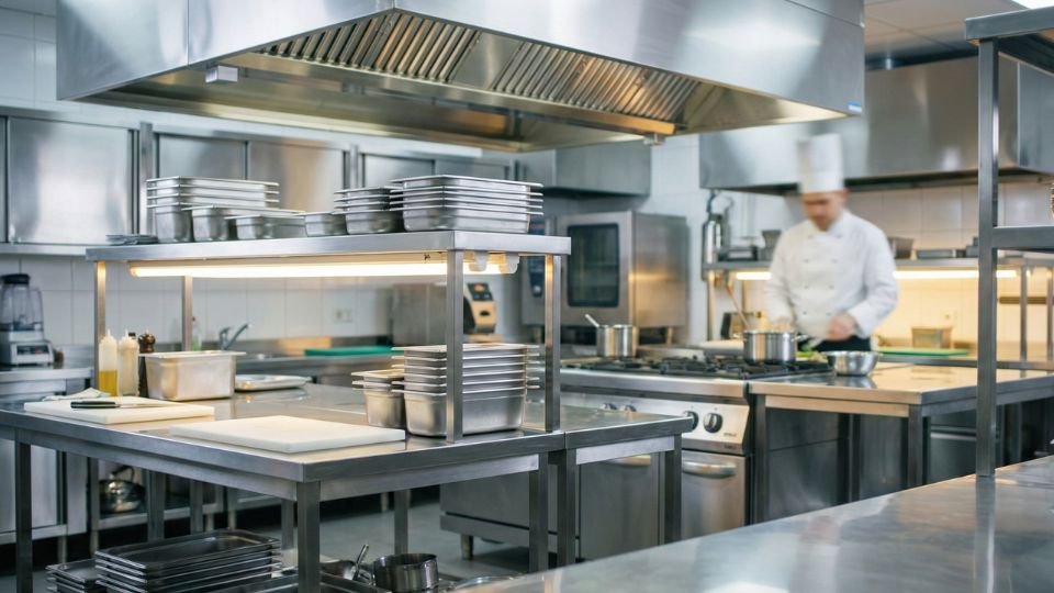 Cozinha industrial de restaurante com equipamentos em inox brilhando, livre de insetos e em conformidade com normas da Vigilância Sanitária e ANVISA.